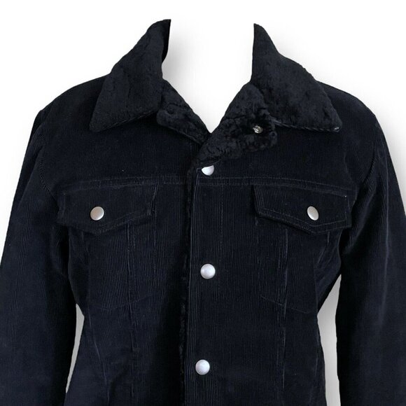 A.P.C. Womens Trucker Jacker Sz Large Black Corduroy Shearling Collar Lining - Picture 3 of 11